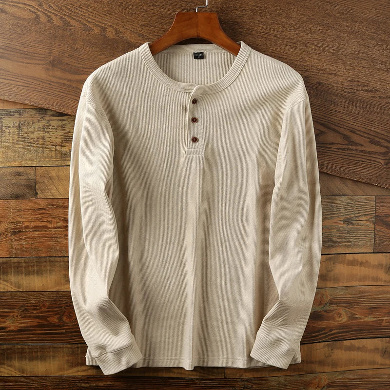 Men's Cotton Henley Shirt with Buttoned Neckline – Classic Long-Sleeved Top in Six Shades for Smart Casual Style | Koossa