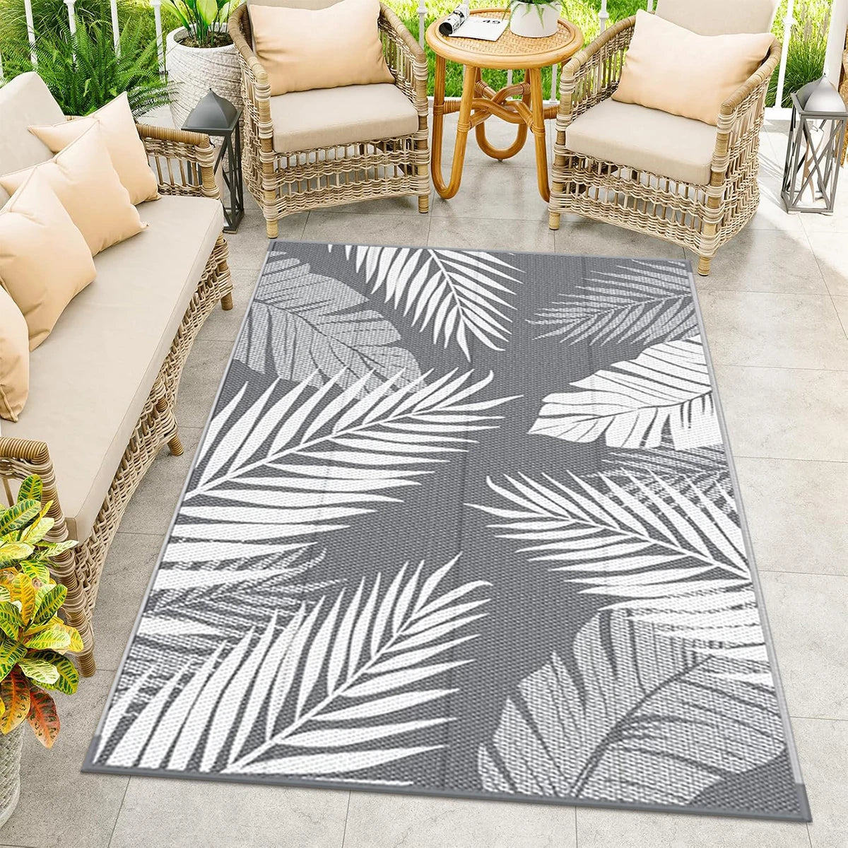 Reversible Waterproof Outdoor Rug | Woven Polypropylene Patio Mat for Deck, Garden, Camping & Picnics | Leaf Pattern Design | Lonoma