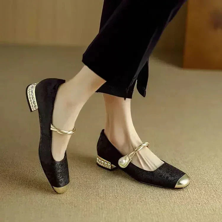 Women's Pearl-Embellished Mary Jane Shoes with Low Block Heel in Green, Black & Beige – Elegant Vintage-Inspired Footwear with Braided Strap Detail for Special Occasions and Everyday Wear | Koossa