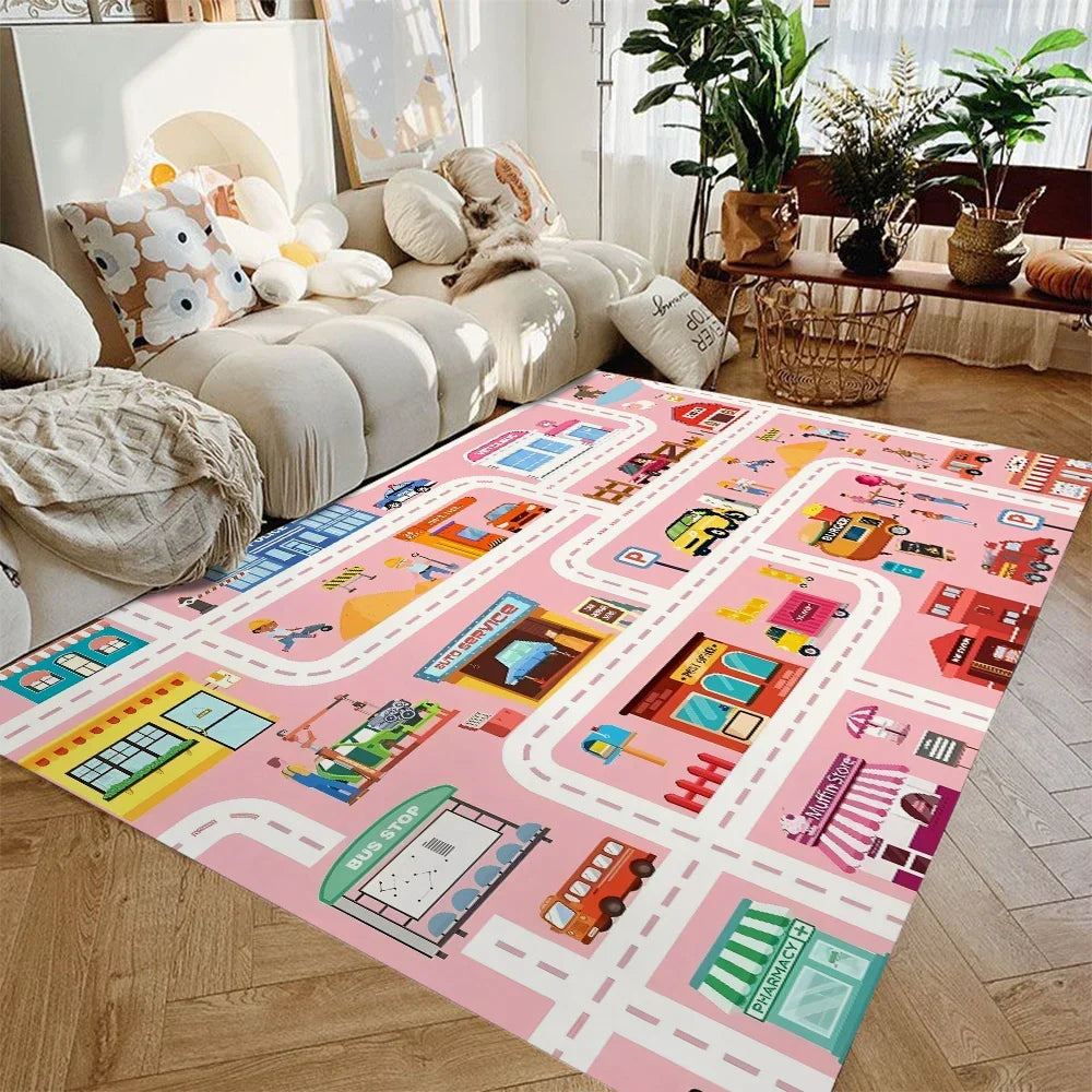 Kids Road Map Play Rug, Soft Flannel Non-Slip Washable Area Rug for Toy Cars, Playroom, Nursery, Bedroom, Toddler Floor Mat | Lonoma