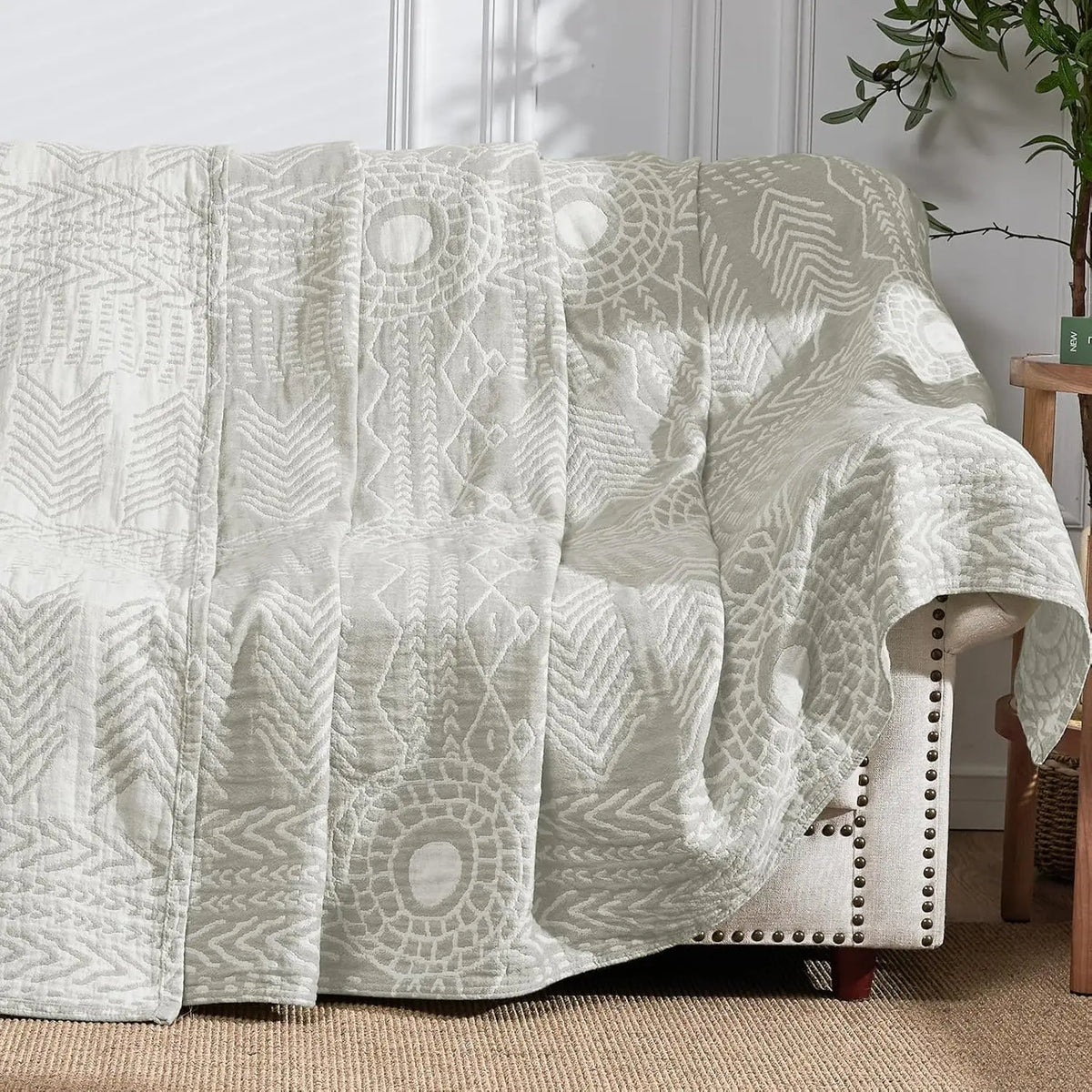 Cotton Throw Blanket Triple Layer Reversible Geometric Pattern for Couch Bed Sofa All Season Lightweight Breathable Boho Decorative Quilt | Lonoma