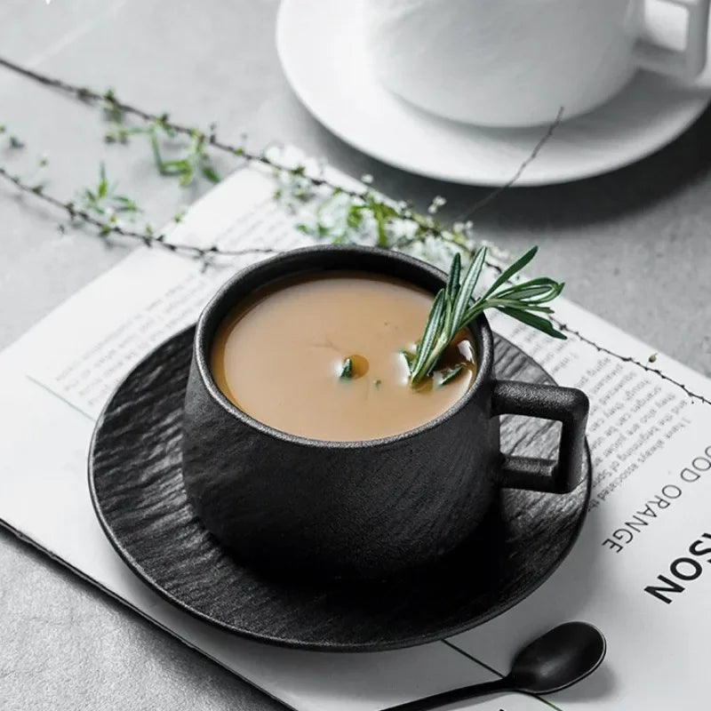 Stoneware Cup and Saucer Set, Black or White Glazed Ceramic Coffee and Tea Cup with Plate, Minimalist Drinkware for Kitchen and Dining | Lonoma