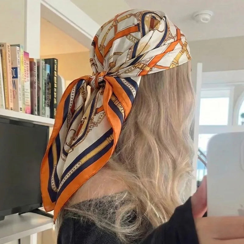Square Satin Scarf for Women - Floral Chain Print Neck Wrap Hair Accessory Headband - Lightweight Polyester Fashion Bandana | Lonoma