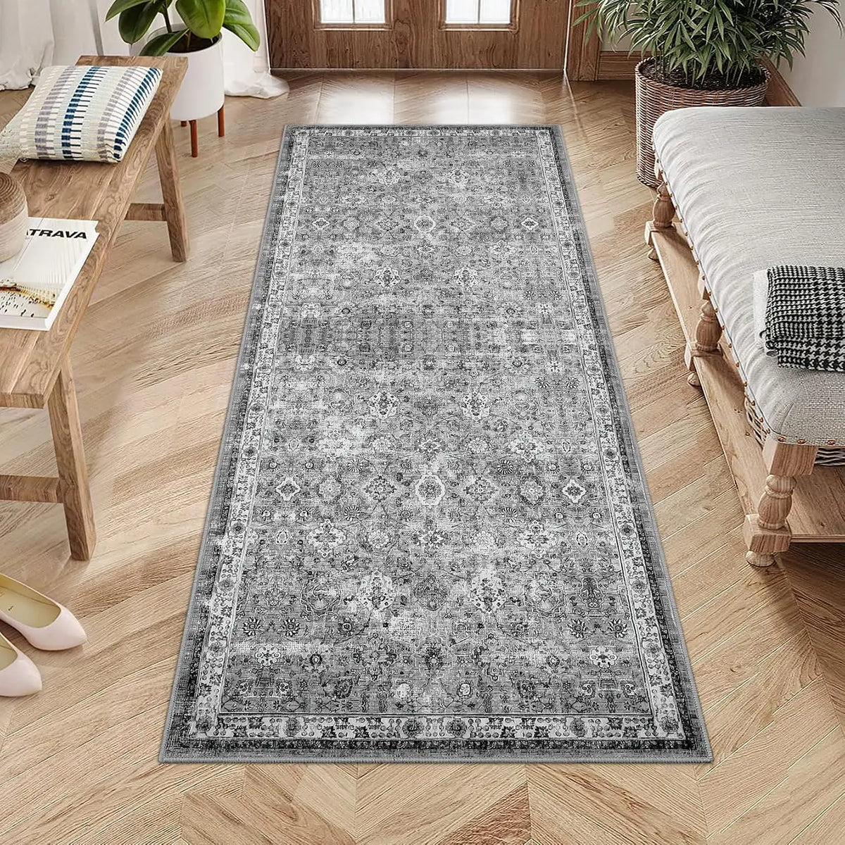 Vintage Low-Pile Area Rug Washable Non-Slip Gray Runner for Kitchen Entryway Bedroom Hallway | Lonoma
