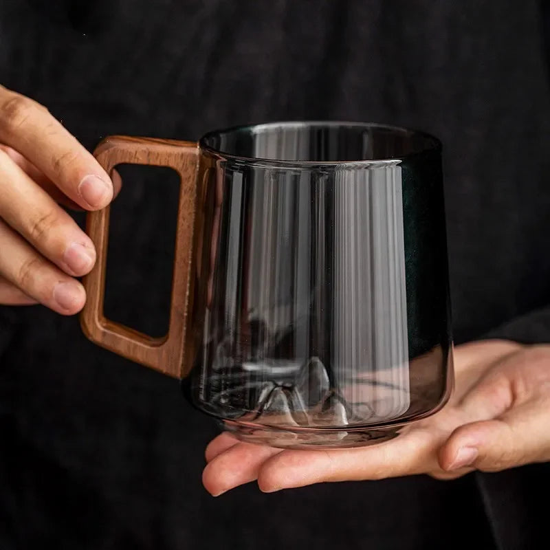 Tasse en verre double paroi 300 ml motif montagne et poignée bois pour café thé boissons chaudes froides | Koossa