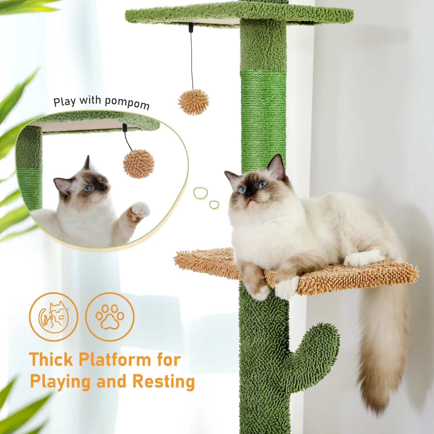 Cat Tree Floor-to-Ceiling Cactus 5-Level Adjustable Height 240-275cm Sisal Posts 9cm Hammock Scratching Tower Multi-Cat Tension Pole Wall-Mounted | Koossa