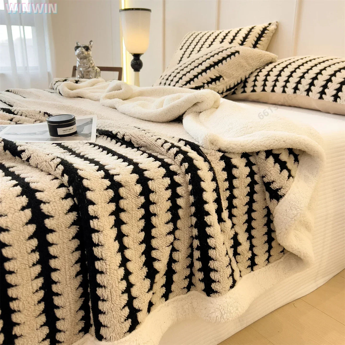 Geometric Striped Fleece Throw Blanket Reversible Sherpa Ultra Plush Cozy Winter Soft Warm 100% Polyester for Bed Couch Living Room Bedroom | Lonoma