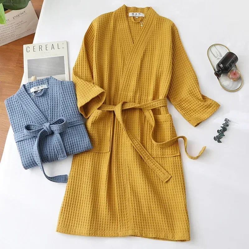 Lightweight Cotton Waffle Weave Bathrobe for Women - Long Sleeve Spa Robe for Spring Summer Hotel Lounge Sleepwear | Lonoma