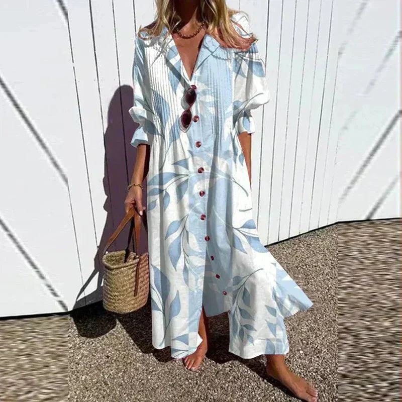 Women's Tiered Bohemian Cotton Dress with V-Neckline in Multicolour, Pink, Red, Light Blue and White – Relaxed Summer Day Dress for Warm Weather and Coastal Holidays | Koossa