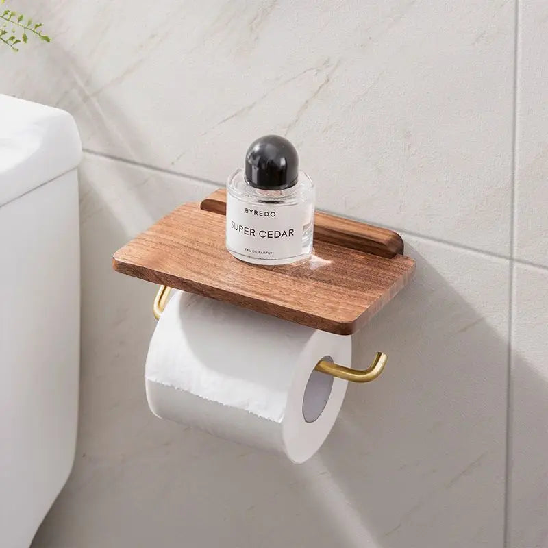 Wall Mount Toilet Paper Holder with Top Shelf, Dark Brown Walnut Wood Tissue Dispenser for Bathroom, Powder Room & Guest Bath | Lonoma