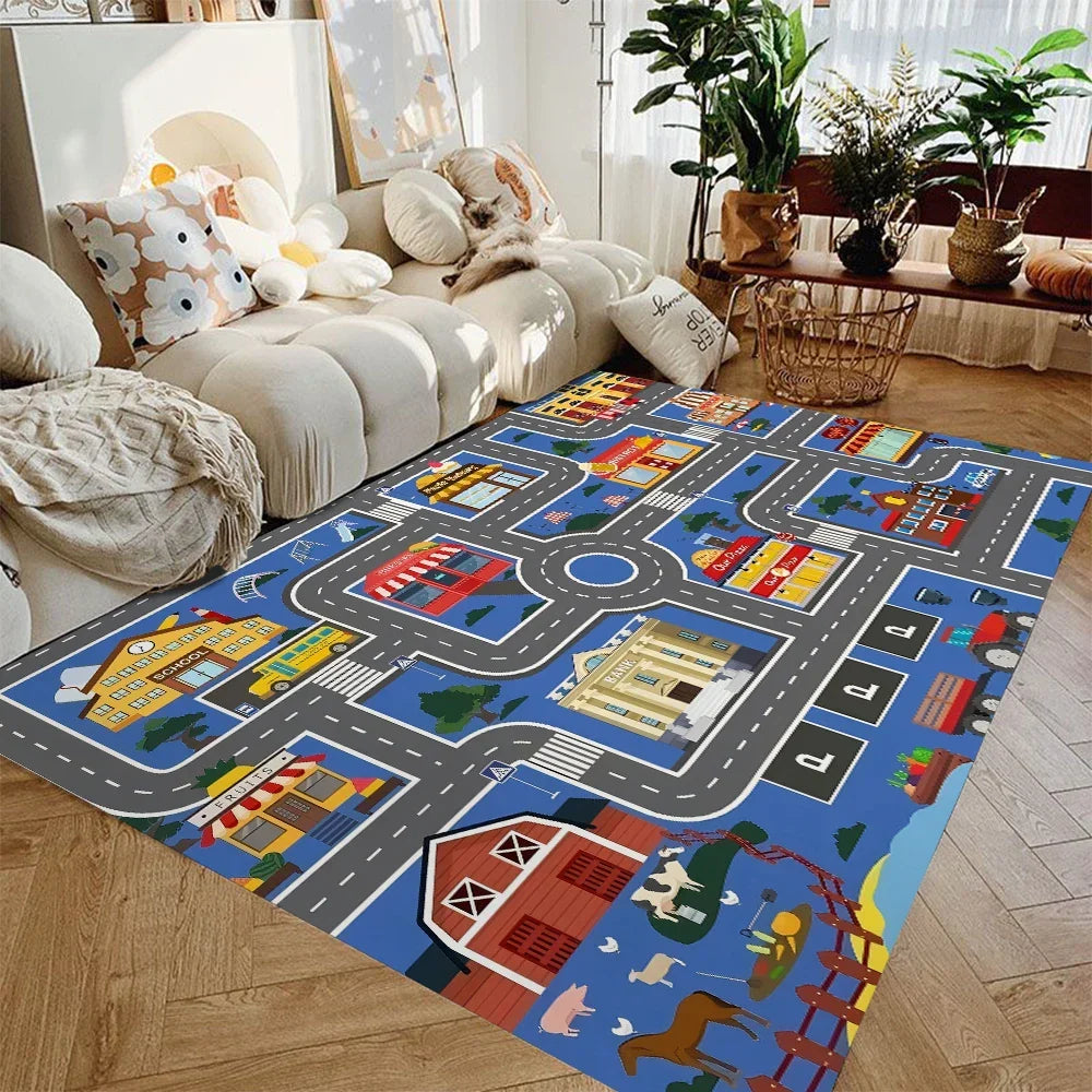 Kids Road Map Play Rug, Soft Flannel Non-Slip Washable Area Rug for Toy Cars, Playroom, Nursery, Bedroom, Toddler Floor Mat | Lonoma