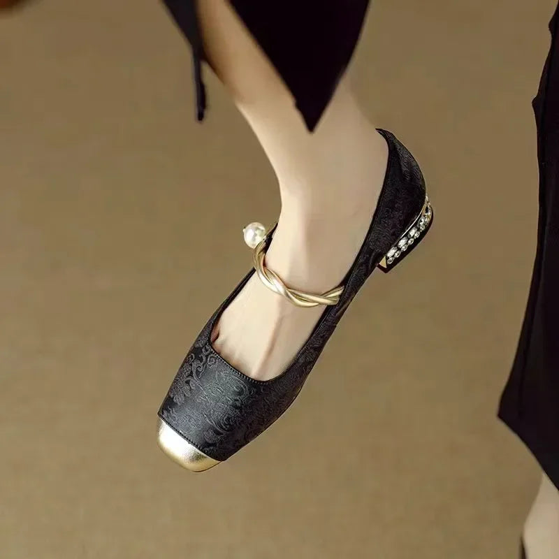 Women's Pearl-Embellished Mary Jane Shoes with Low Block Heel in Green, Black & Beige – Elegant Vintage-Inspired Footwear with Braided Strap Detail for Special Occasions and Everyday Wear | Koossa