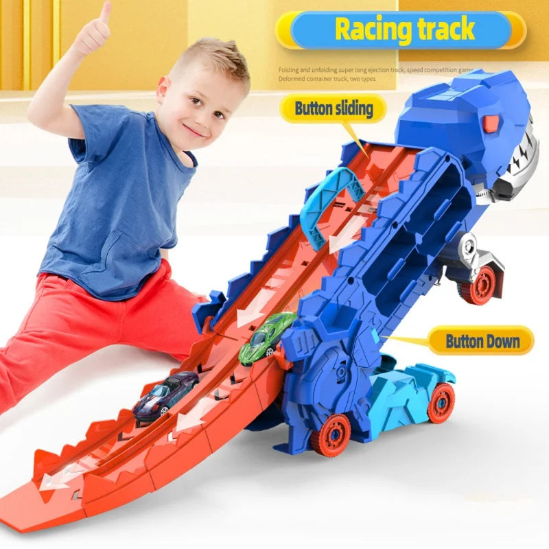Transforming Dinosaur Race Track Playset with Car Storage – 2-in-1 Dino Racetrack Toy for Kids Ages 3+, Toy Car Garage & Gift Idea | Lonoma