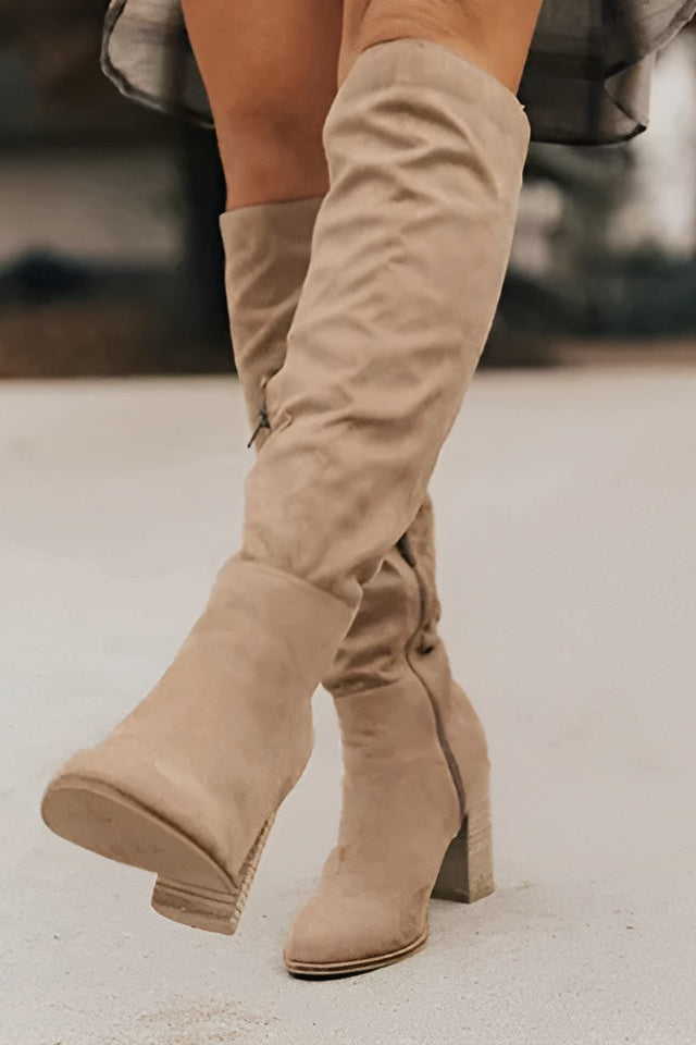 Women's Knee-High Boots with Ruched Shaft and Low Block Heel in Soft Suede-Effect Fabric | Classic Tall Boots with Side Zip and Comfortable Walking Heel for Autumn and Winter | Koossa