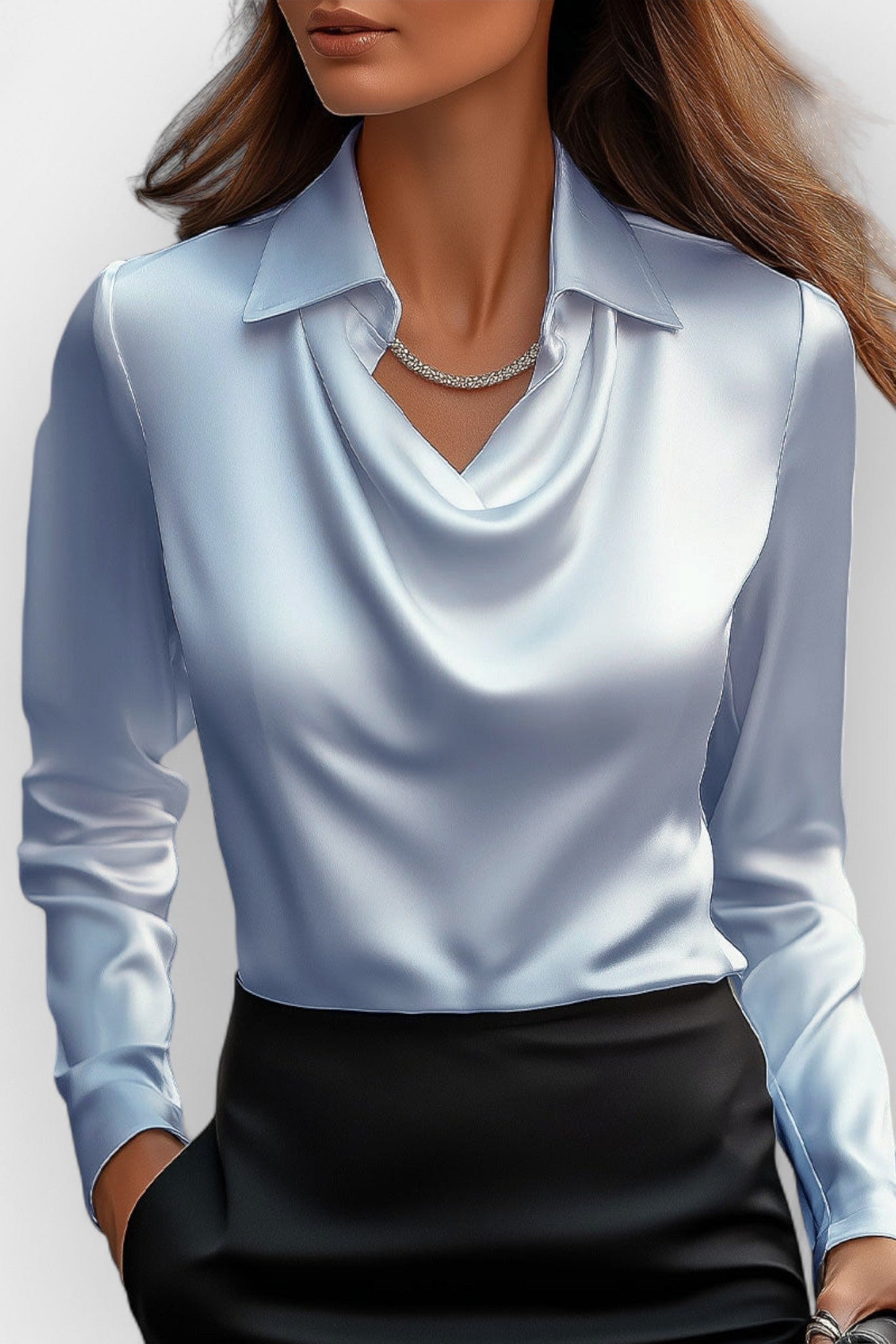 Collared Drape Neck Blouse in Lightweight Weave for Office and Evening | Women's Long Sleeve Smart Top with Elegant Neckline Detail | Koossa