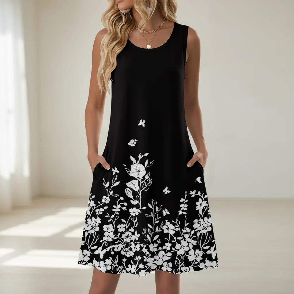 Women's Sleeveless Floral Print Mini Dress with Pockets — Casual Summer Dress for Garden Parties & Holiday Wear | Koossa