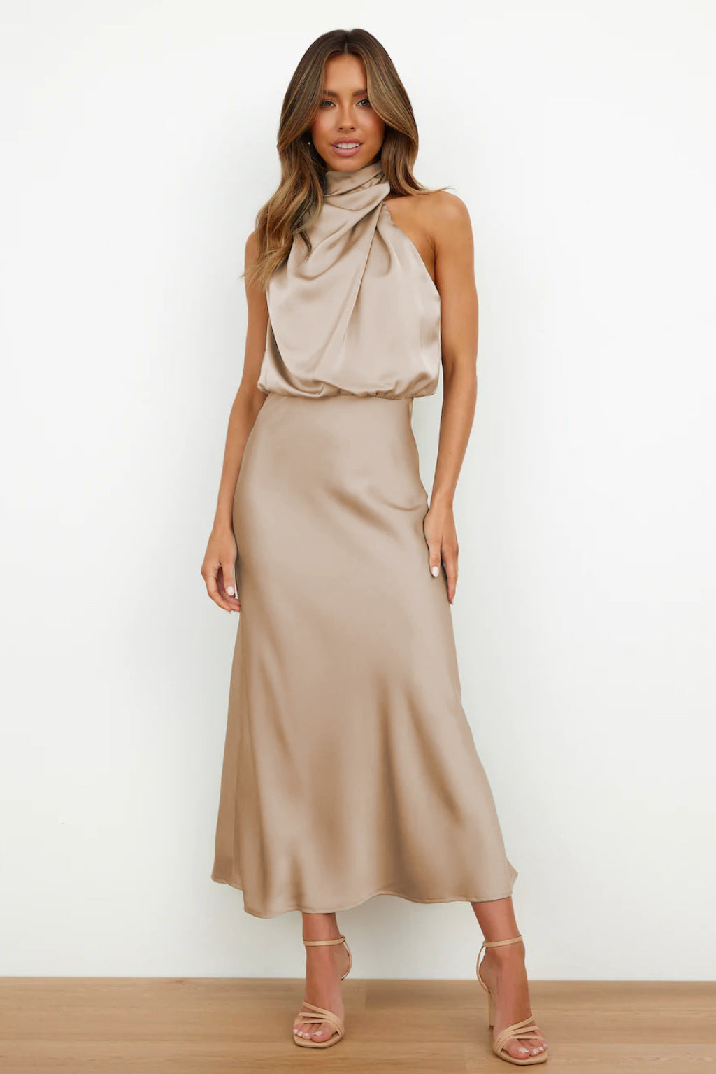 Women's Draped Satin Evening Dress with Open Back — Elegant Midi Dress for Summer Weddings & Special Occasions | Koossa