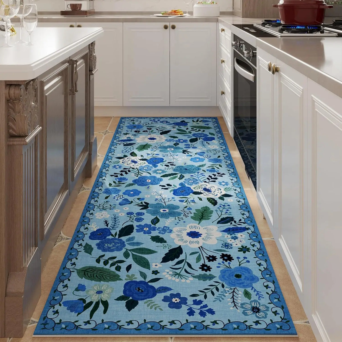 Non-Slip Hallway Runner Rug with Floral Pattern Machine Washable Kitchen Floor Mat Rubber Backing for Entryway Home Indoor Decor | Lonoma