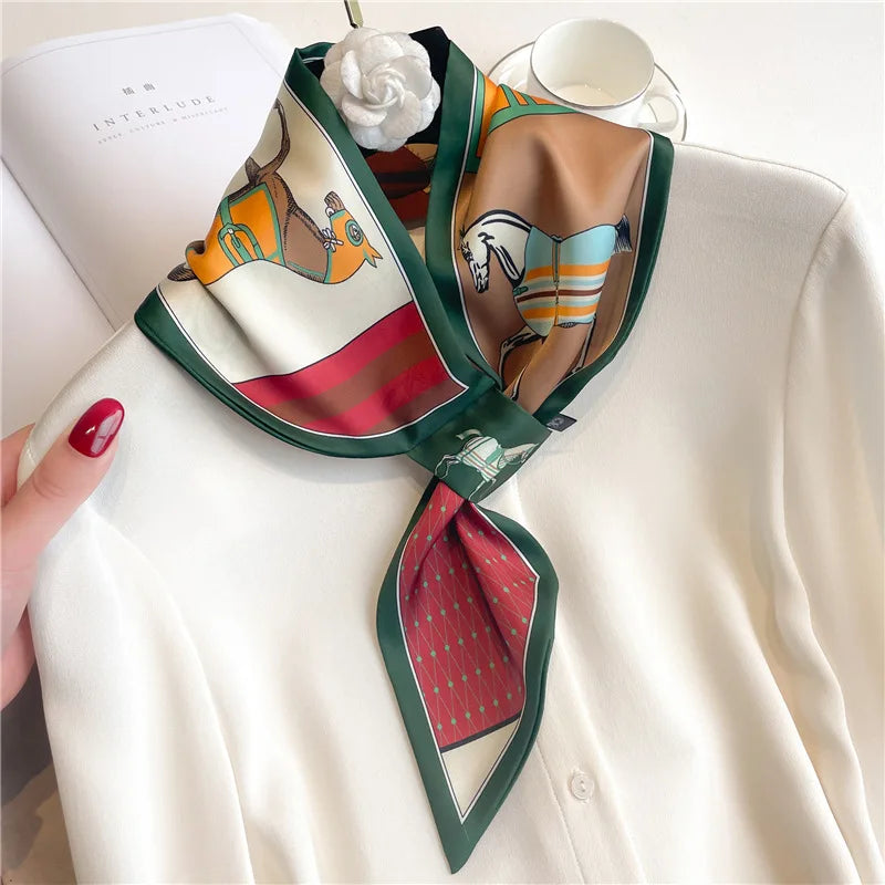 Silk-Feel Horse Print Skinny Scarf for Women Neck Wrap Hair Tie Wrist Accessory Satin Ribbon Bandana Fashion Neckerchief Lightweight | Lonoma