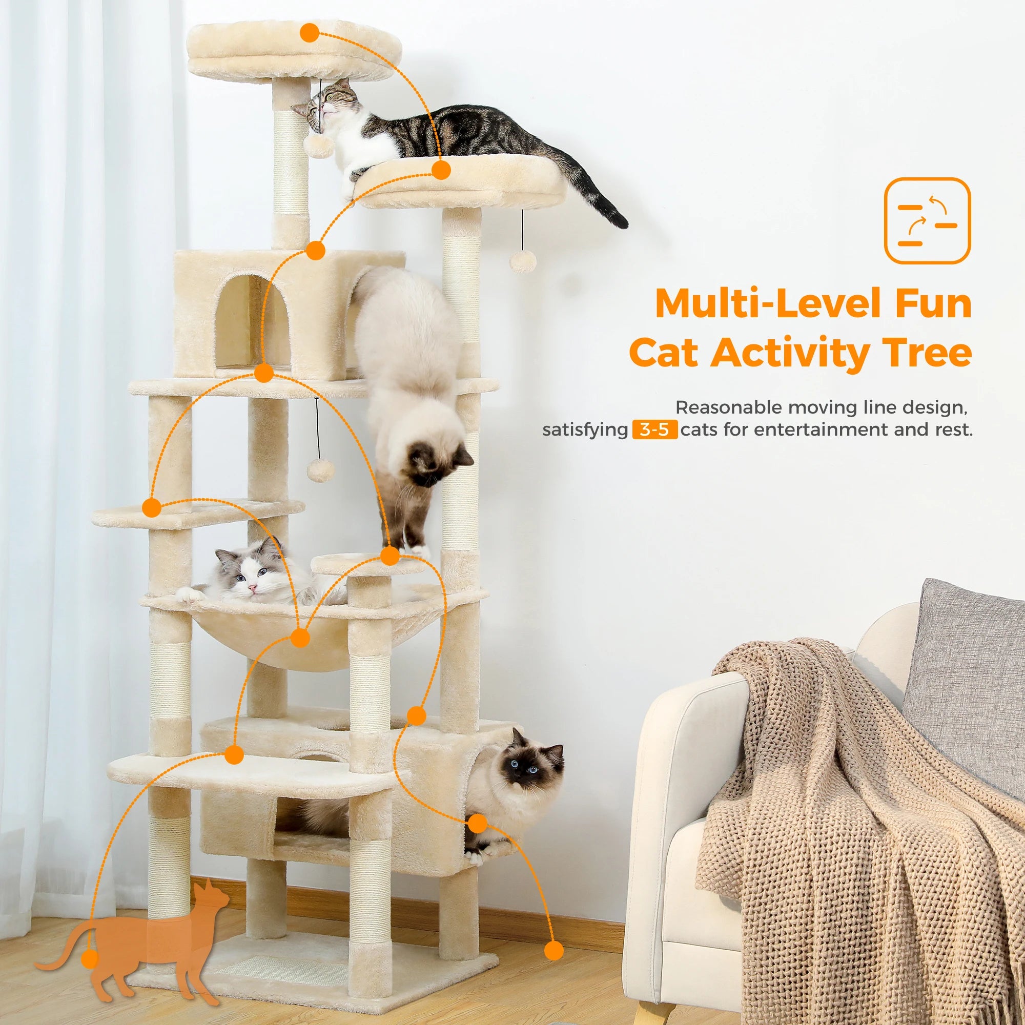 Cat Tree Scratching Post Sisal 136cm Tall Multi-Level Tower Hammock Condo Perch Platform Climbing Activity Centre Indoor | Koossa