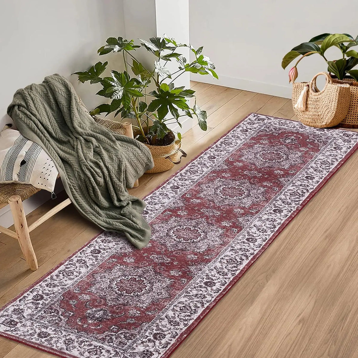 Machine Washable Hallway Runner Rug 24 × 90 Inches Non-Slip Low Profile Floral Vintage Entryway Living Room Kitchen Long Runner | Lonoma