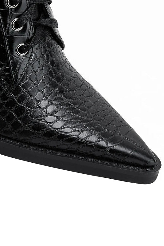 Croc-Effect Pointed Block Heel Lace-Up Ankle Boots in Brown and Black | Koossa