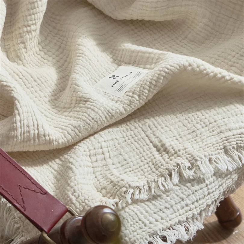 Layered Cotton Gauze Throw with Tassels Breathable Lightweight Blanket for Couch Sofa Bed All Season 100% Natural | Lonoma
