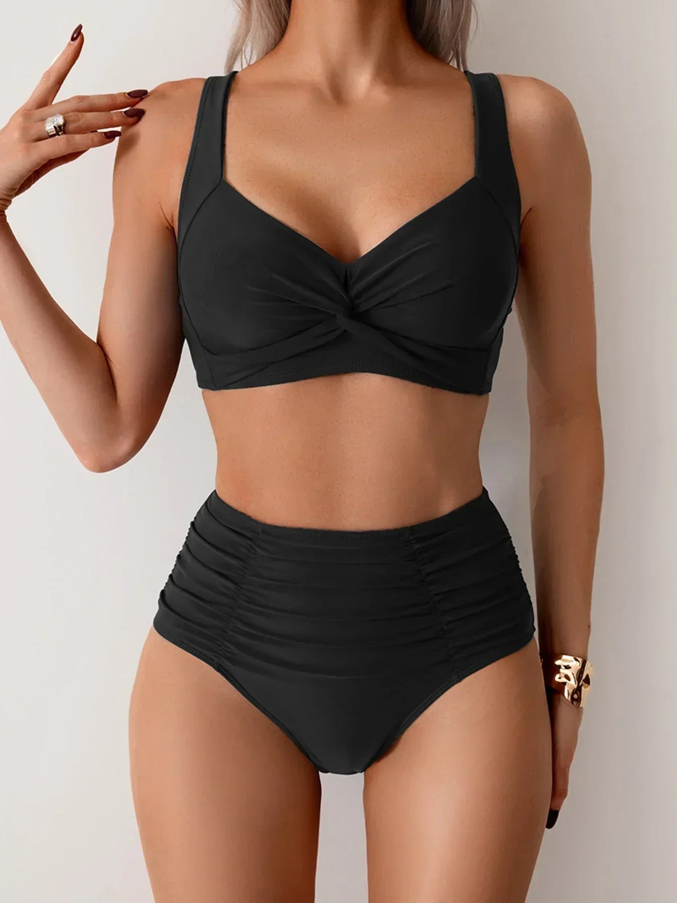 Women's High-Waisted Bandeau Bikini Set – Timeless Two-Piece Swimwear in Classic Colours for Beach Holidays and Poolside Lounging | Koossa
