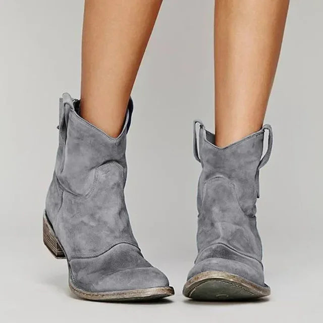 Women's Mid-Calf Western Boots Stacked Heel Brown Black Blue Grey Pink Rounded Toe Pull-On Cowboy Ankle Boots Textured Sole Autumn Winter | Koossa