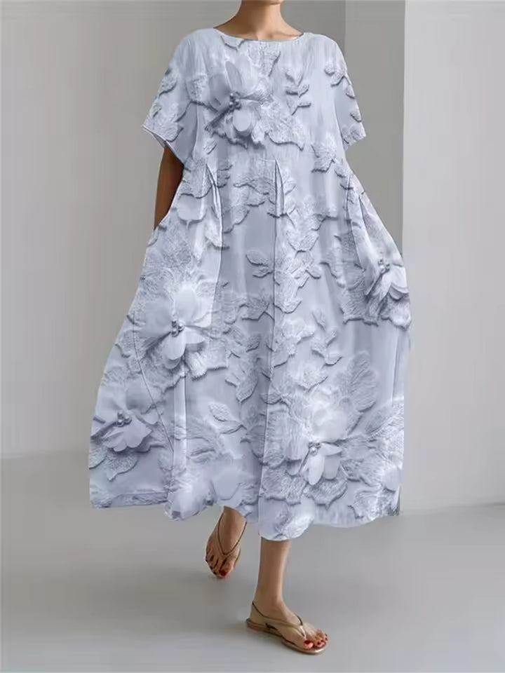 Women's Floral Midi Dress with Relaxed Silhouette and Round Neckline for Effortless Elegance | Koossa