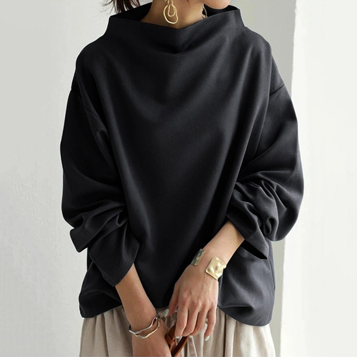 Women's High-Neck Long Sleeve Top in Soft Jersey | Classic Layering Essential for Smart-Casual Everyday Elegance | Koossa