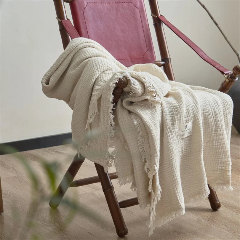 Layered Cotton Gauze Throw with Tassels Breathable Lightweight Blanket for Couch Sofa Bed All Season 100% Natural | Lonoma
