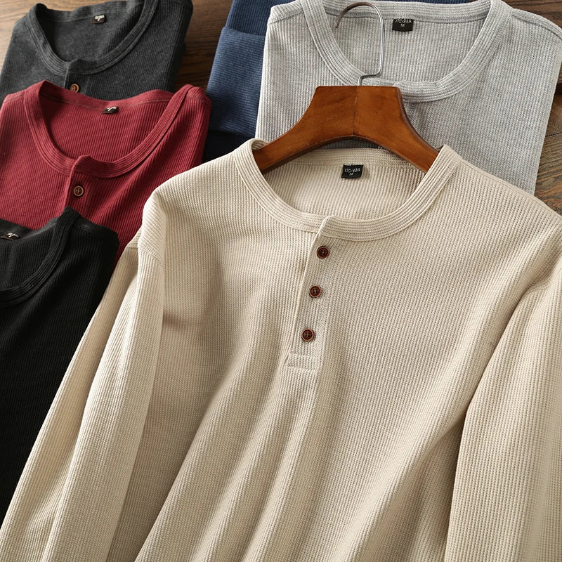 Men's Cotton Henley Shirt with Buttoned Neckline – Classic Long-Sleeved Top in Six Shades for Smart Casual Style | Koossa
