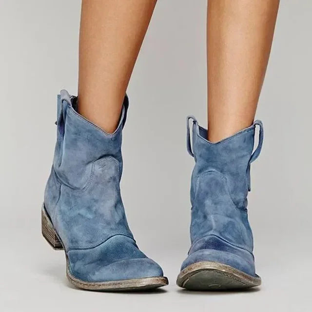 Women's Mid-Calf Western Boots Stacked Heel Brown Black Blue Grey Pink Rounded Toe Pull-On Cowboy Ankle Boots Textured Sole Autumn Winter | Koossa