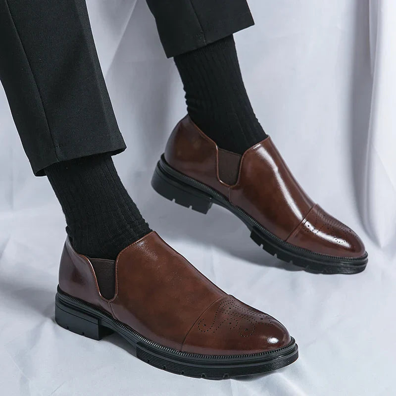Men's Leather Slip-On Brogues with Cap Toe Detail in Black and Brown | Classic Formal Footwear for Business and Evening Occasions | Elegant Dress Shoes with Elastic Gusset | Koossa