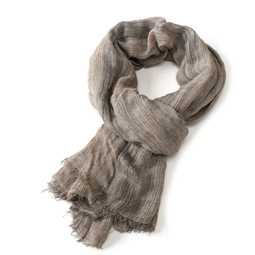 Cotton Linen Striped Scarf with Fringe for Fall Winter | Lightweight Unisex Shawl Wrap | Breathable Neck Scarf 79x30 in | Men Women Fashion | Lonoma