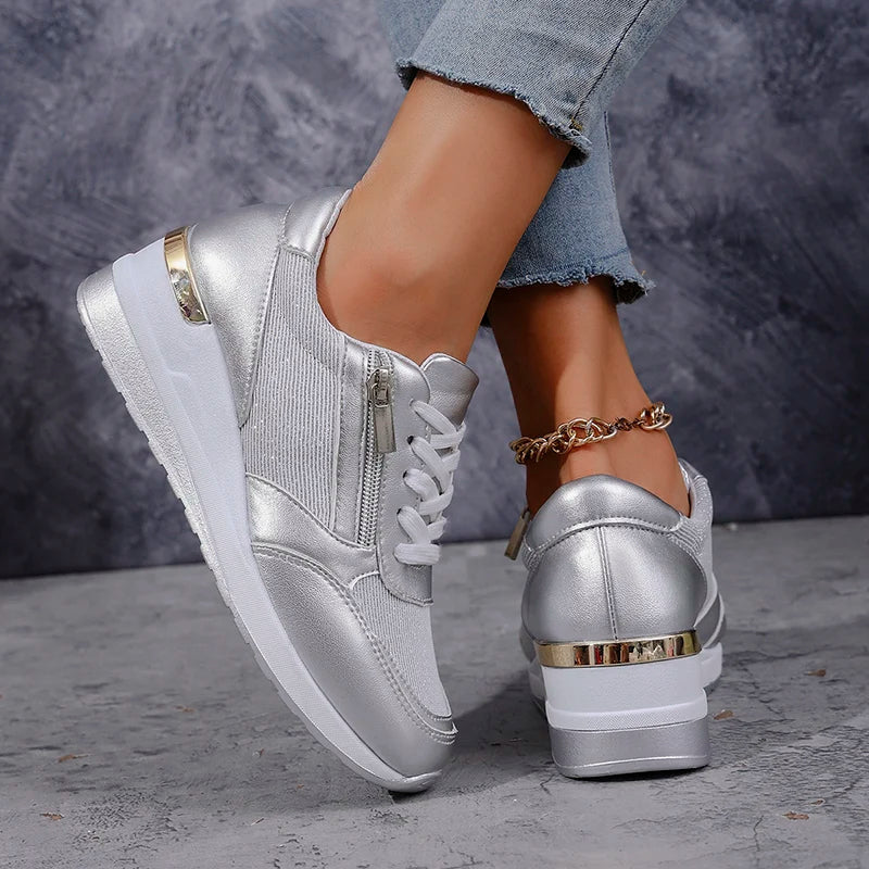 Women's Wedge Trainers with Side Zip in Metallic Finish for Smart Casual Wear | Koossa