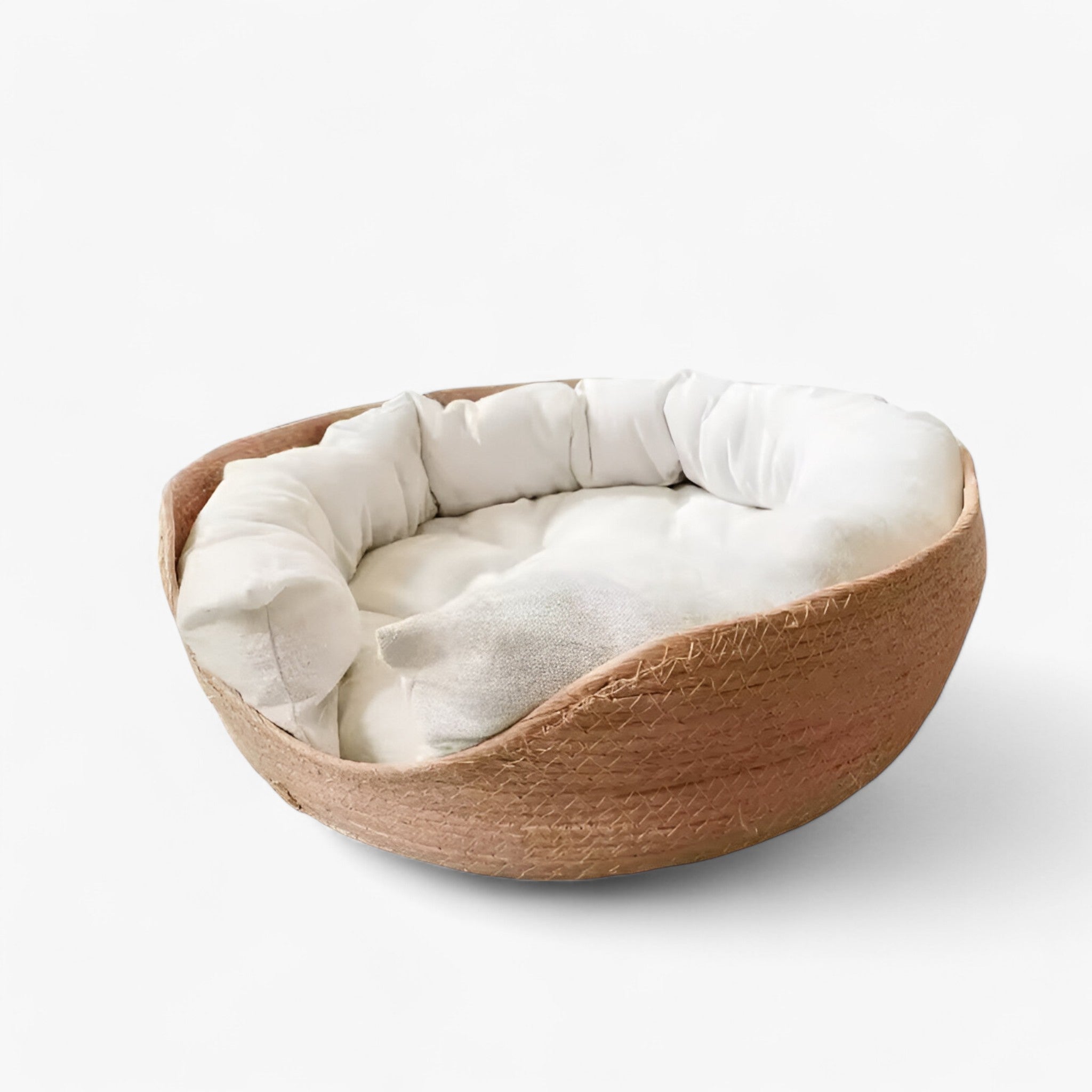 Cat Bed Basket Woven Bamboo Natural Round Cushion Small Dog Puppy Pet Nest Breathable Handmade Raised Edge | Koossa