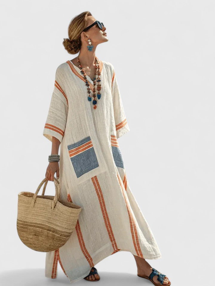 Women's V-Neck Maxi Dress in Lightweight Fabric with Relaxed Flowing Silhouette for Summer Occasions | Koossa