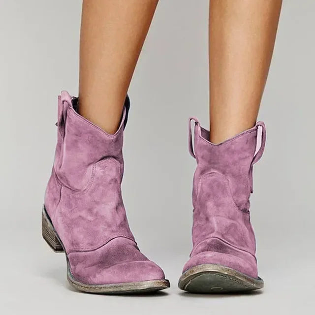Women's Mid-Calf Western Boots Stacked Heel Brown Black Blue Grey Pink Rounded Toe Pull-On Cowboy Ankle Boots Textured Sole Autumn Winter | Koossa