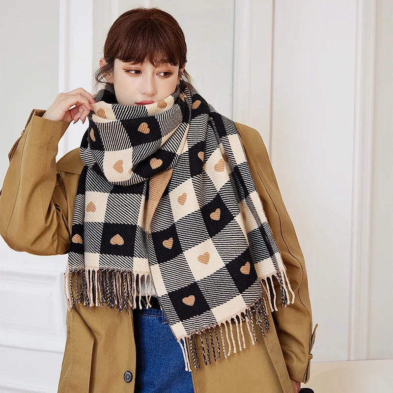 Oversized Plaid Blanket Scarf for Women – Thick Knit Winter Wrap Shawl with Heart Design for Cold Weather | Lonoma