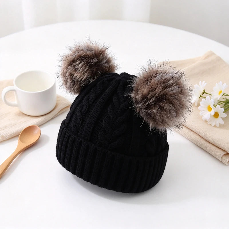 Women's Beanie Hat with Dual Faux Fur Pom-Poms – Chunky Cable Knit Winter Cap with Cuffed Design for Cold Weather | Lonoma