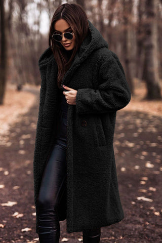 Women's Hooded Teddy Coat — Long Relaxed-Fit Winter Coat with Wide Lapels & Single-Button Front | Koossa