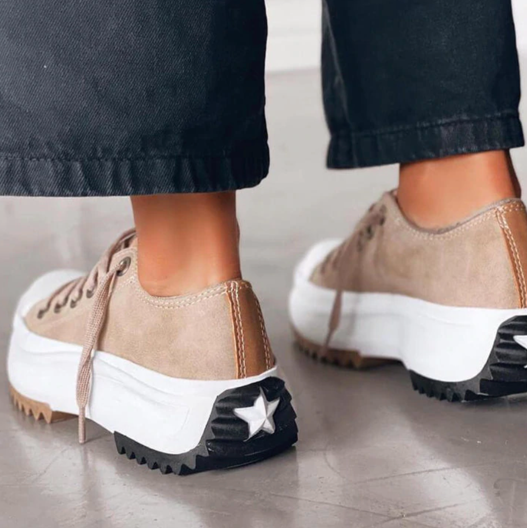 Platform Trainers with Ridged Sole in Brown, Black, White and Safari Beige | Chunky Lace-Up Sneakers for Women | Everyday Casual Footwear | Koossa