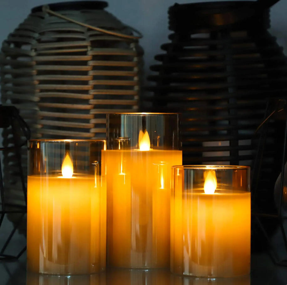 Flameless LED Pillar Candles Set of 3, Battery Operated Flickering Candles with Timer, Amber Smoke Clear for Dining Table & Mantel Decor | Lonoma
