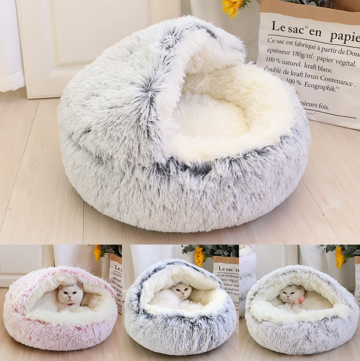 Fluffy Cat Bed Donut Plush Washable Anti-Slip Hooded Cave Nest Small Medium Large Cats 40cm 50cm 60cm Grey White Pink | Koossa