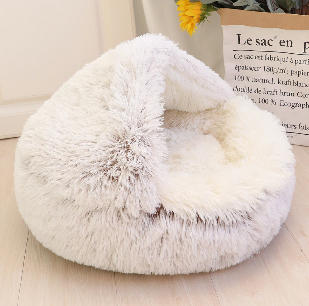 Fluffy Cat Bed Donut Plush Washable Anti-Slip Hooded Cave Nest Small Medium Large Cats 40cm 50cm 60cm Grey White Pink | Koossa