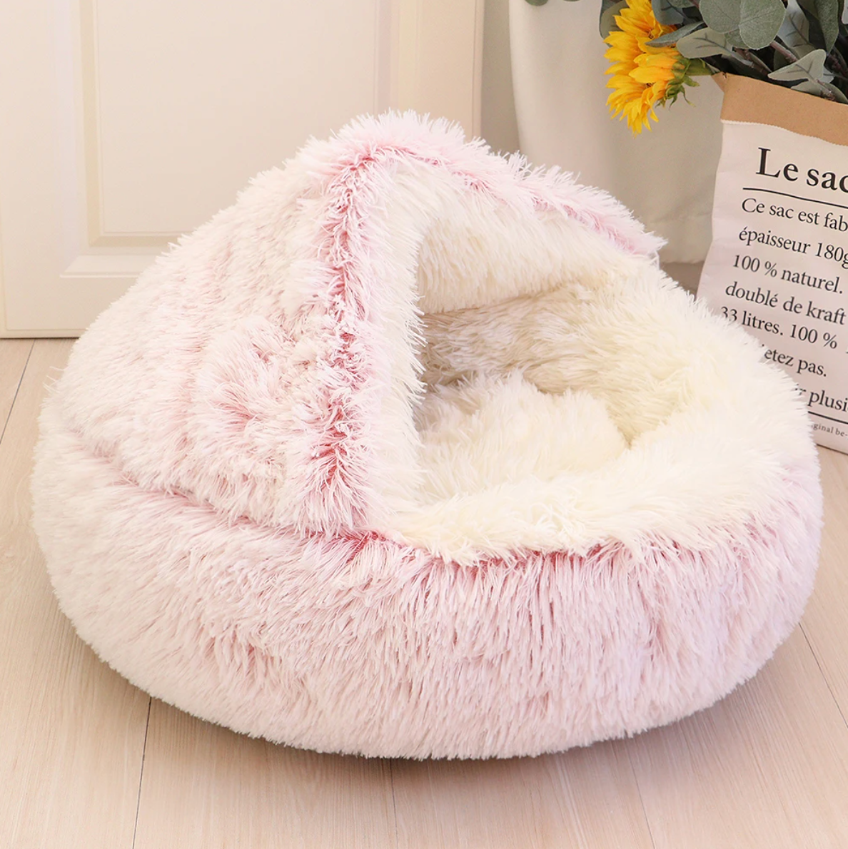 Fluffy Cat Bed Donut Plush Washable Anti-Slip Hooded Cave Nest Small Medium Large Cats 40cm 50cm 60cm Grey White Pink | Koossa