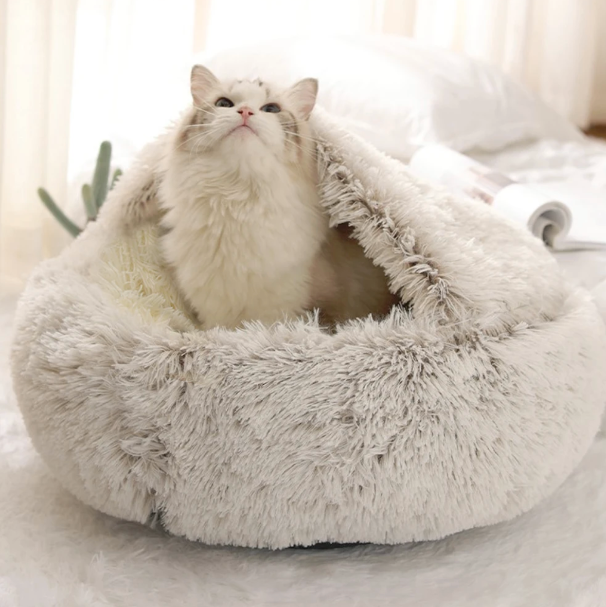 Fluffy Cat Bed Donut Plush Washable Anti-Slip Hooded Cave Nest Small Medium Large Cats 40cm 50cm 60cm Grey White Pink | Koossa