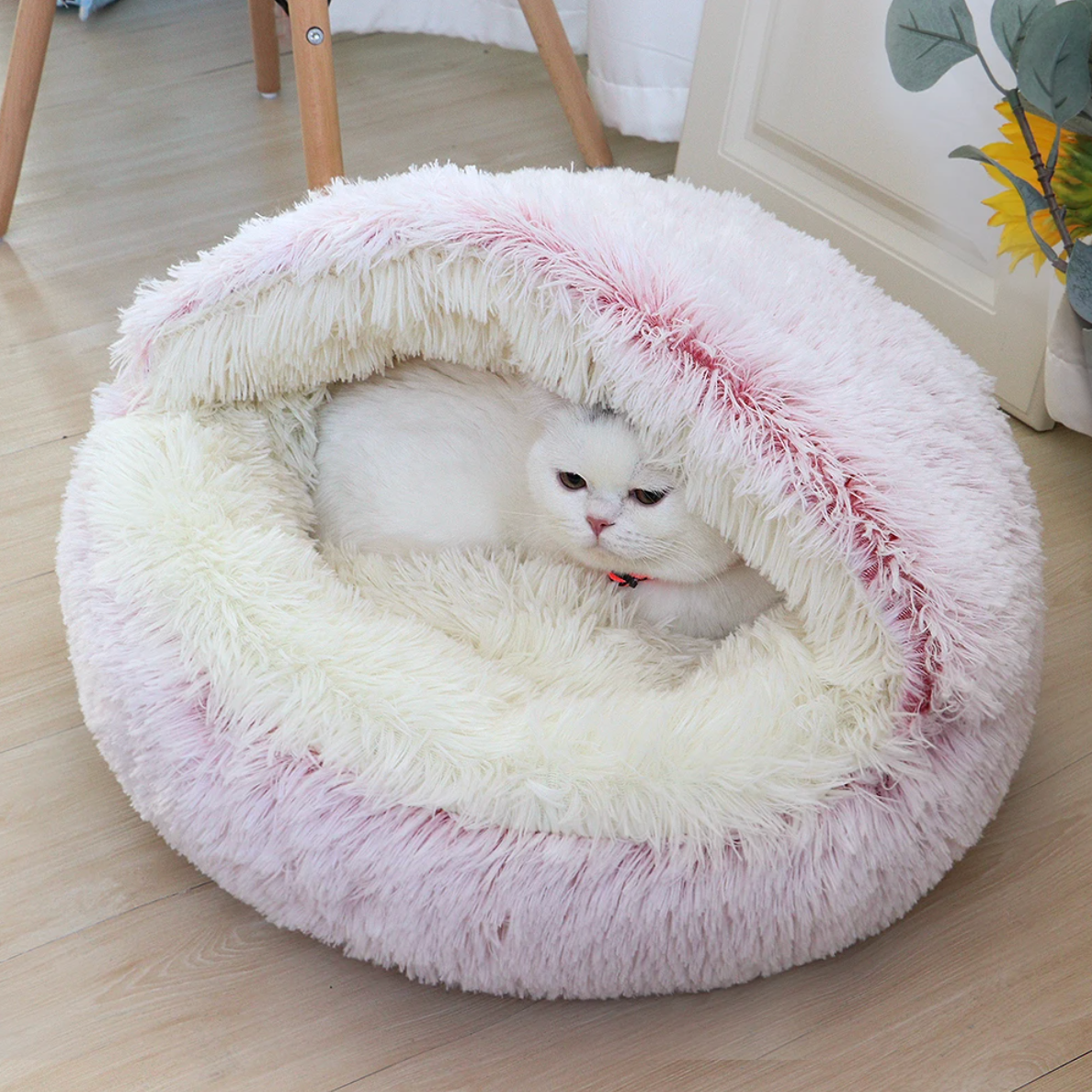 Fluffy Cat Bed Donut Plush Washable Anti-Slip Hooded Cave Nest Small Medium Large Cats 40cm 50cm 60cm Grey White Pink | Koossa